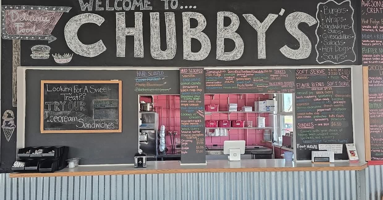 Chalkboard menu wall inside Chubby's ice cream window